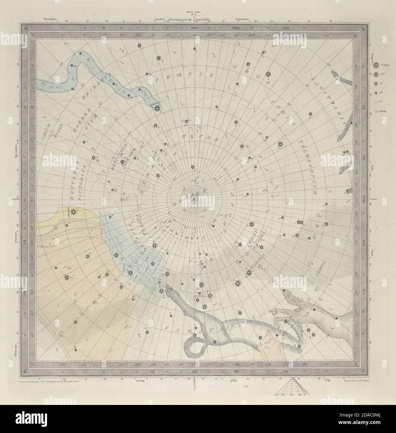 ASTRONOMIE HIMMLISCH. Sternenkarte. Sternenkarte, VI. Südpol. SDUK 1857 alt Stockfoto