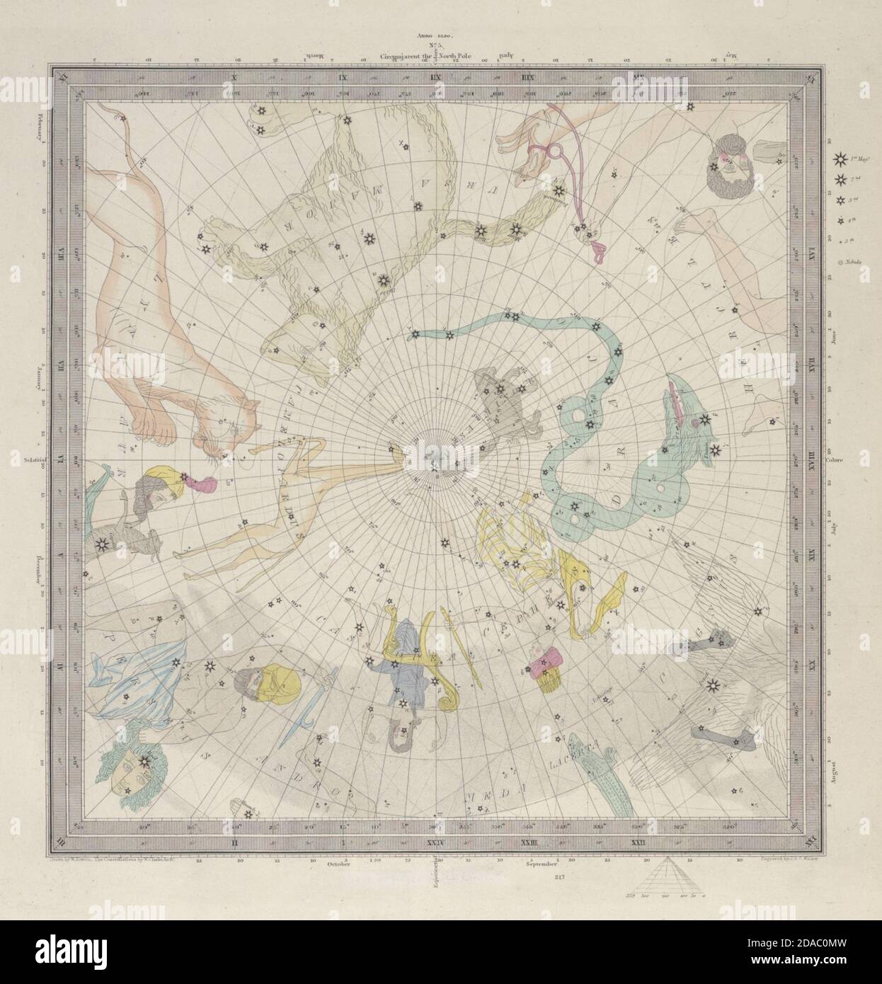 ASTRONOMIE HIMMLISCH. Sternenkarte. Sternkarte, V. Nordpol. SDUK 1857 alt Stockfoto