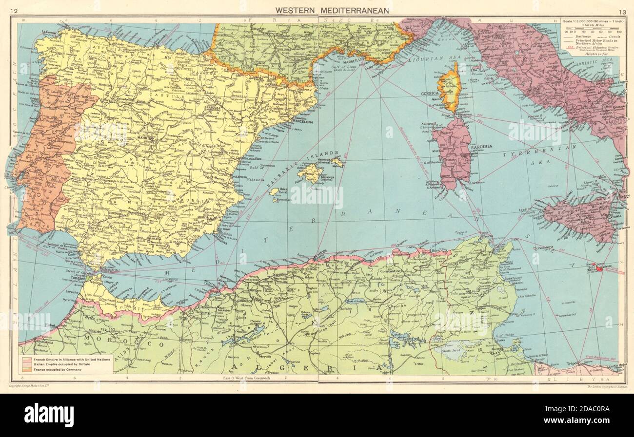 WELTKRIEG 2. Deutsch besetzt Frankreich. Alliierte besetzten Nordafrika 1943 alte Karte Stockfoto