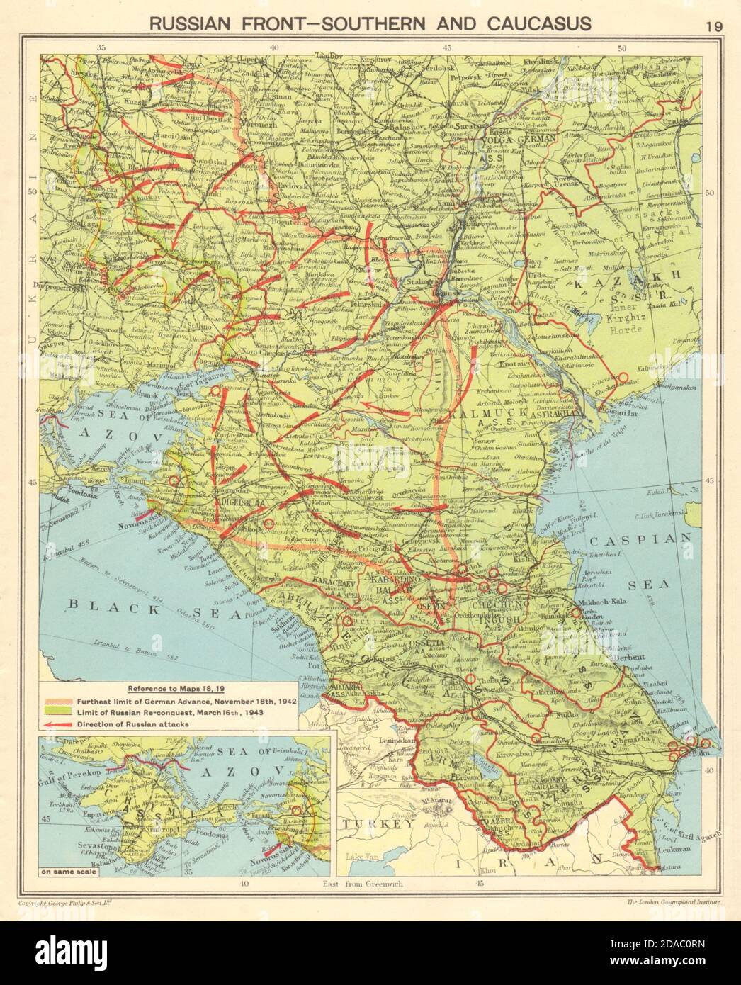 WELTKRIEG 2. Ostfront Süd. Russische Offensive. Stalingrad 1943 alte Karte Stockfoto