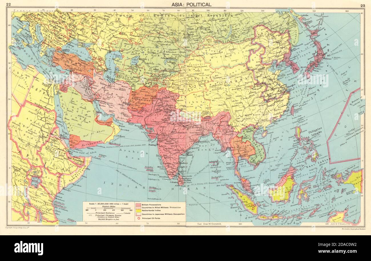 WW2 ASIEN Japanisch besetzten China Indochina Philippinen. Allied Mid-East 1943-Karte Stockfoto