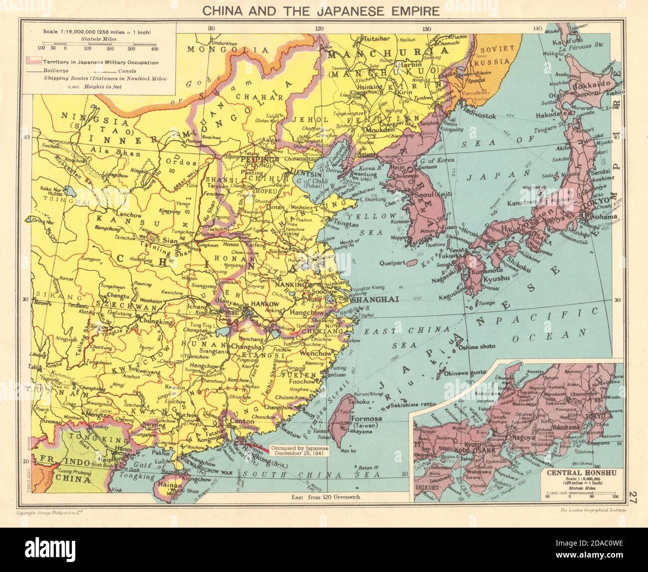 WELTKRIEG 2 Japaner besetzten China, Korea, Taiwan, Hongkong 1943 alte Karte Stockfoto