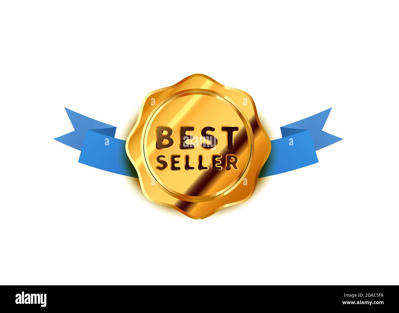 Leuchtendes goldenes Abzeichen mit blauem Band, glänzendes Bestseller-Symbol auf Weiß Stock Vektor
