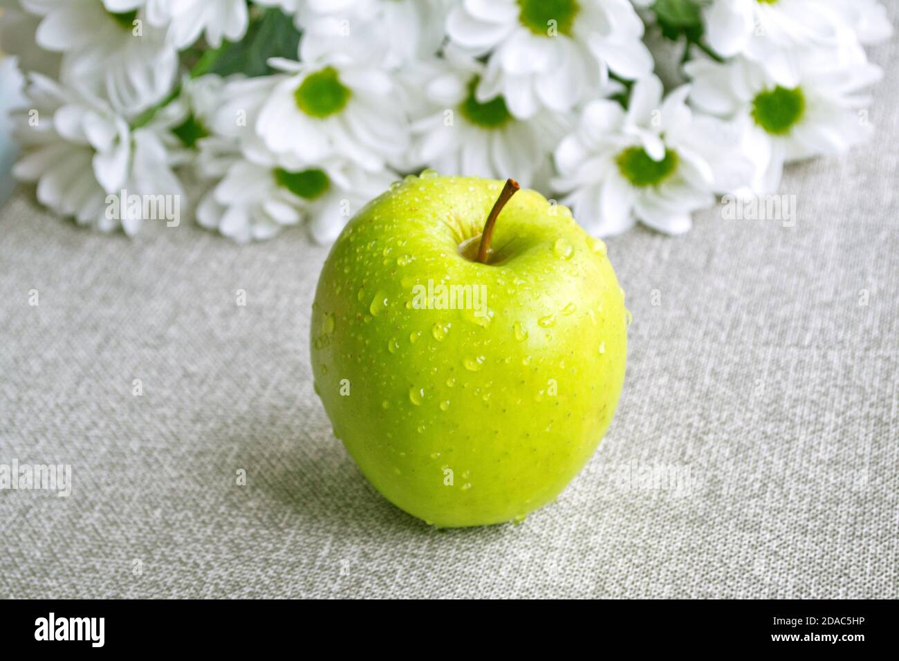 Ein gewaschenen grünen Apfel ('Golden') auf dem Tisch. Weiße Blumen im Hintergrund. Stockfoto