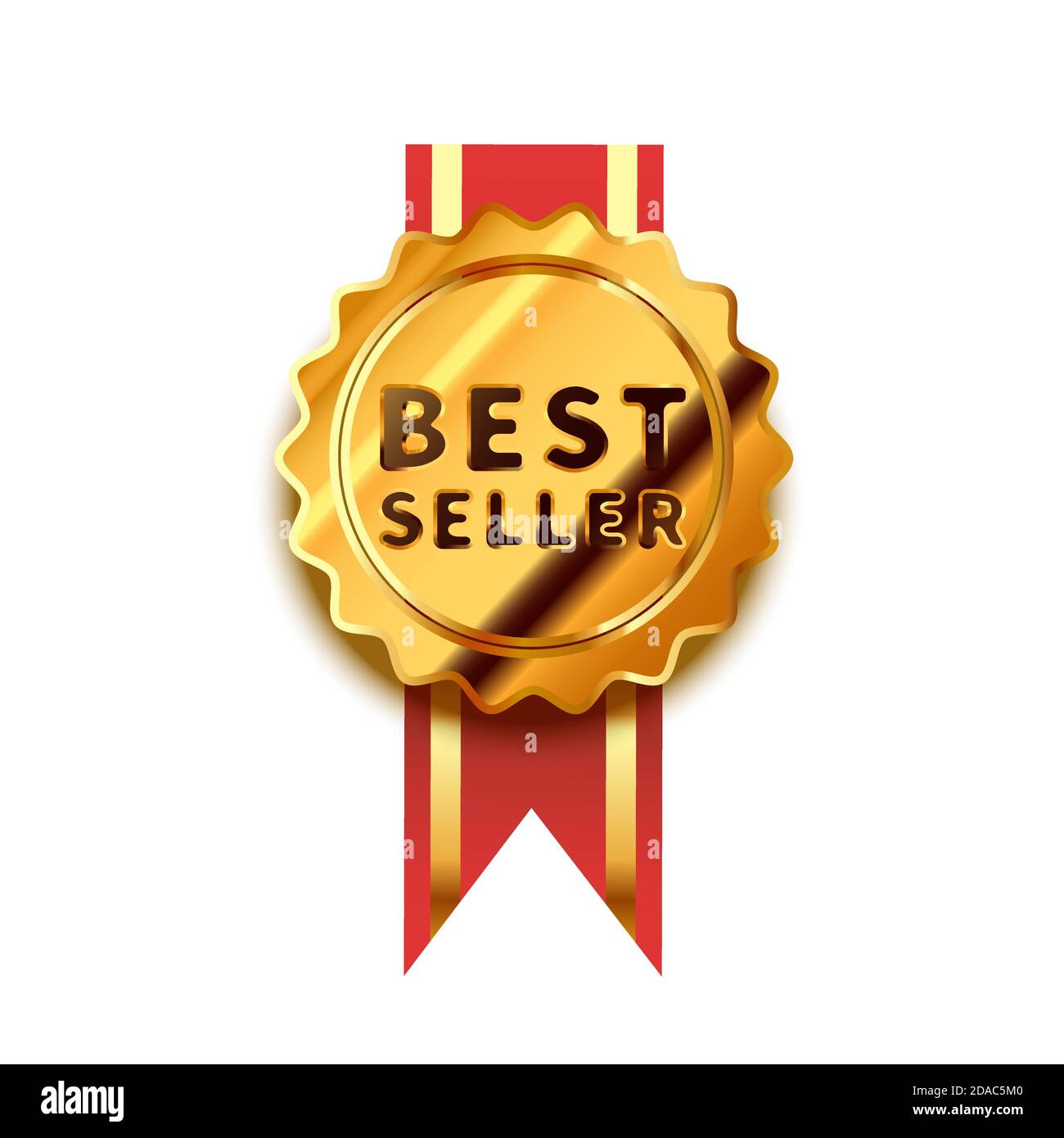 Leuchtendes goldenes Abzeichen mit rotem Band, glänzendes Bestseller-Symbol auf Weiß Stock Vektor