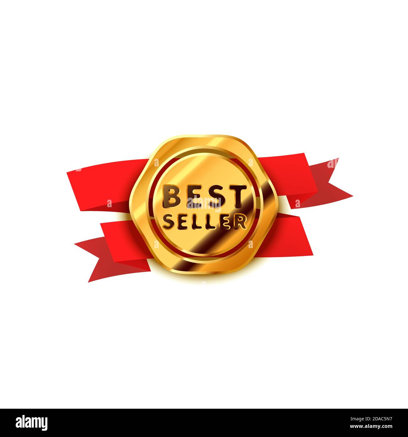 Glänzendes goldenes Abzeichen mit rotem Band, Bestseller-Symbol auf Weiß Stock Vektor