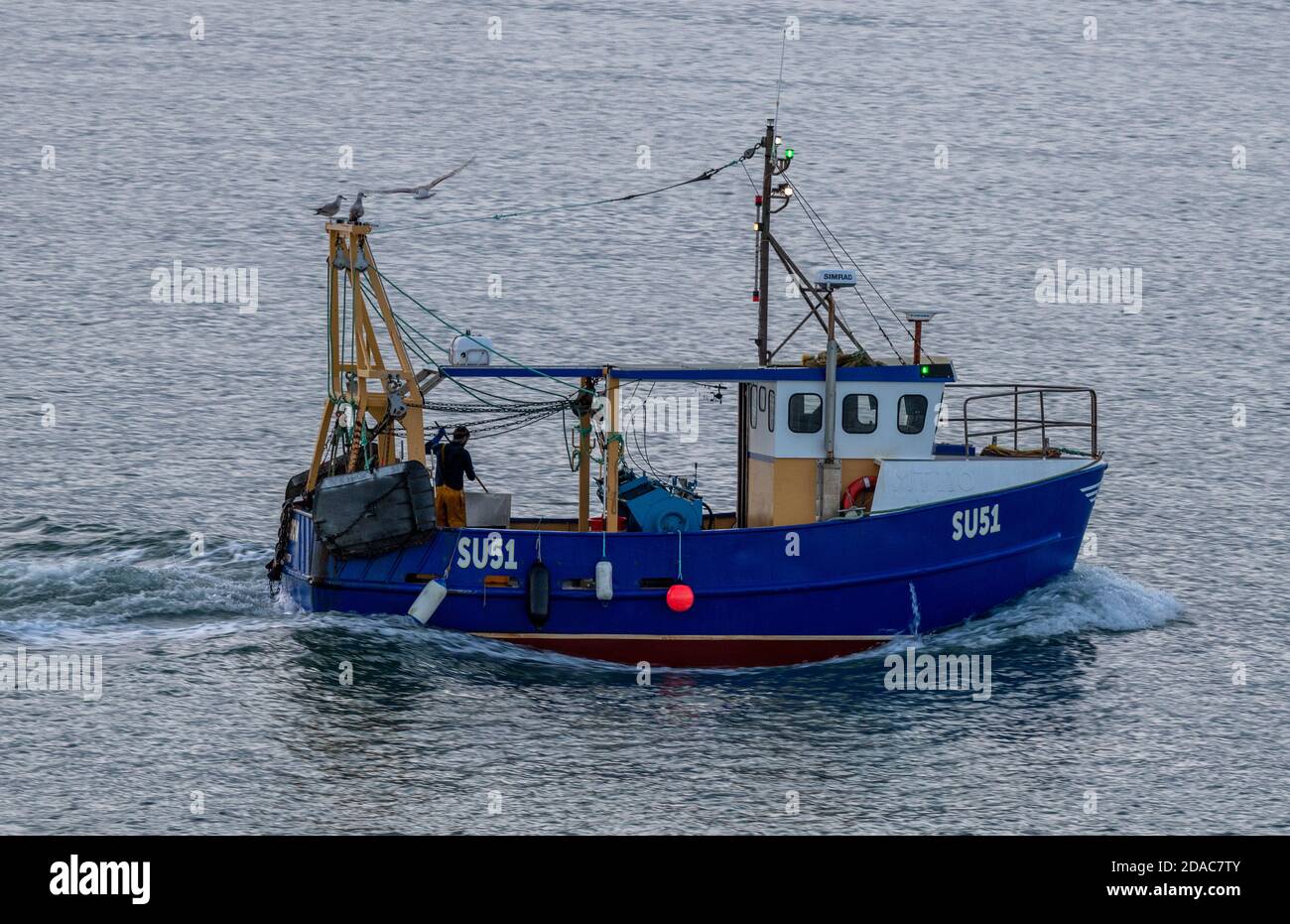 Ein kleines Fischerboot oder Trawler unterwegs nach Hause auf dem solent mit dem Fang des Tages. Stockfoto