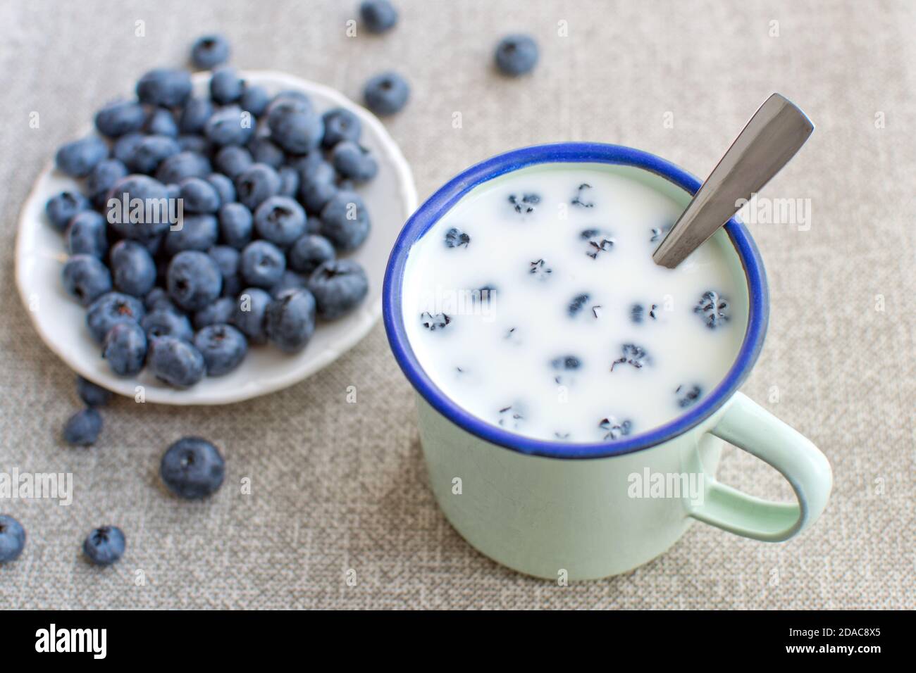 Emaillierter Becher mit Milch und Blaubeeren Stockfoto