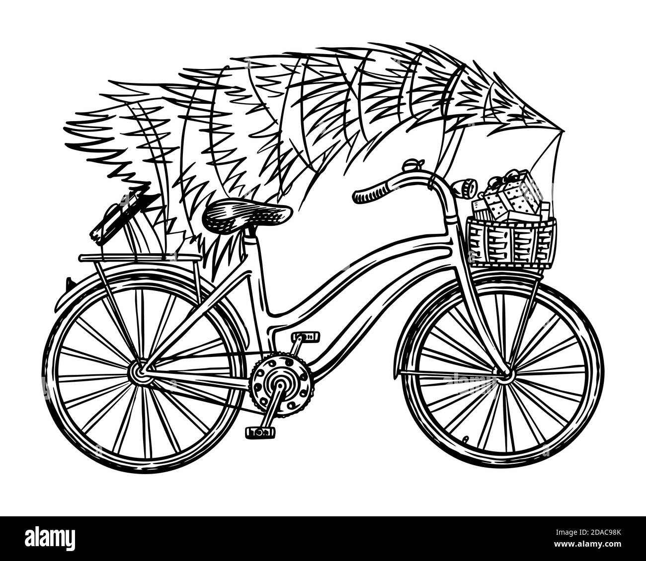 Fahrrad mit Weihnachtsbaum. Fichte im Gepäck des Fahrrads. Lieferkonzept. Vektorgrafik für Etikett, Abzeichen, Logo, Postkarte oder Banner Stock Vektor