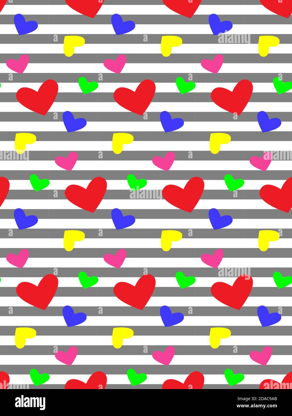 Geometrisches abstraktes Nahtmuster. Stilvoller Hintergrund mit grauen Reihen und bunten Herzformen Stock Vektor
