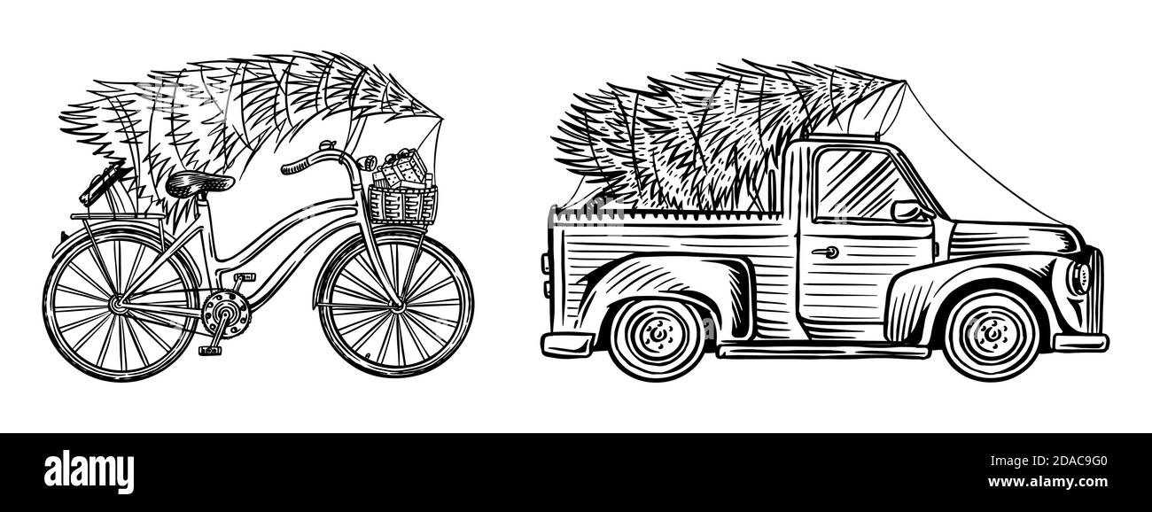 Auto und Fahrrad mit einem Weihnachtsbaum. Fichte im Gepäck des LKWs. Lieferkonzept. Vektorgrafik für Etikett, Abzeichen, Logo, Postkarte oder Stock Vektor
