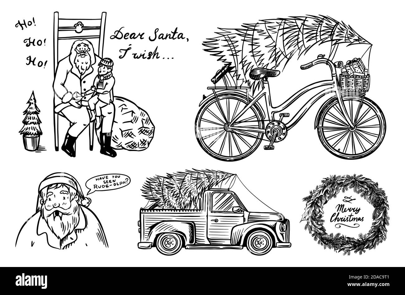 Auto und Fahrrad mit einem Weihnachtsbaum. Fichtenkranz. Weihnachtsmann. Bärtiger Großvater mit einem Kind. Vektorgrafik für Etikett, Postkarte oder Stock Vektor