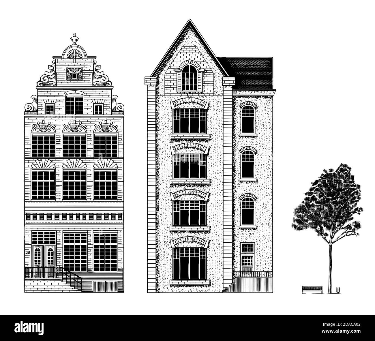 Amsterdamer Häuser. Städtische Wohngebäude. Skandinavischer Stil. Europäische Stadt. Handgezeichnete monochrome Doodle-Vektor-Illustration Stock Vektor