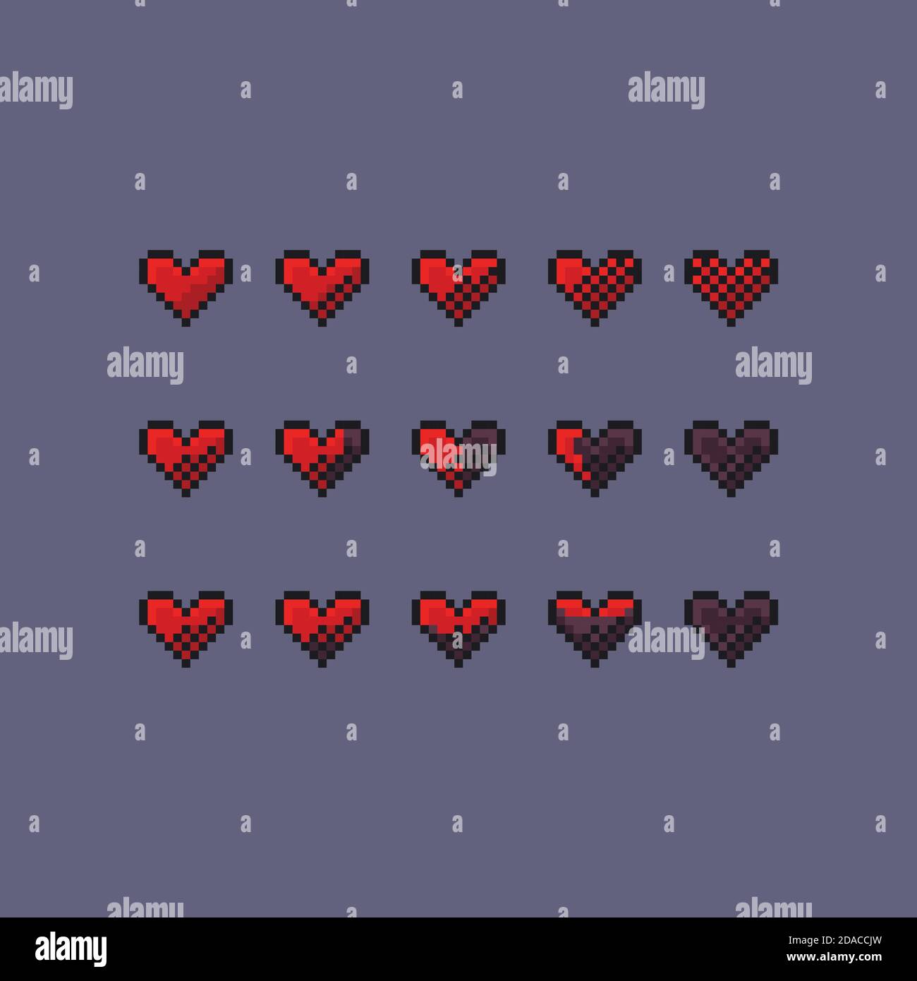 Pixel Art Vektor Spiel Design Interface Set - rotes Herz Systemintegritätssymbol 8-Bit Stock Vektor