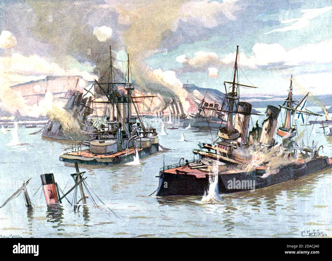RUSSISCHE PACIFC FLOTTE in Port Arthur wird von japanischen Landstreitkräften im Dezember 1904 während des Russisch-Japanischen Krieges von 1904-1905 beschossen. Stockfoto