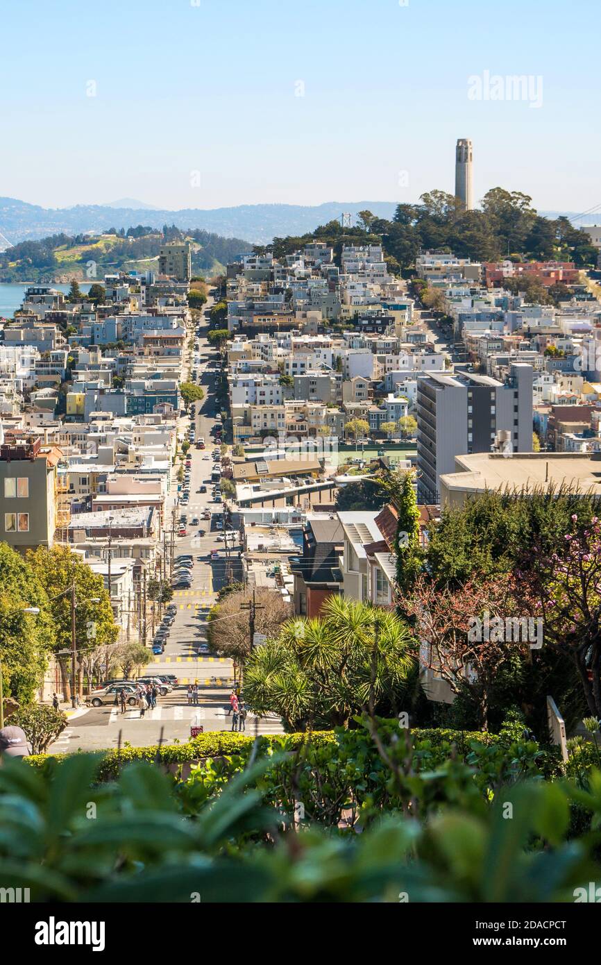 San Francisco, Kalifornien, USA - MÄRZ 15 2019: Blick auf den Telegraph Hill Turm von der Lombard Street Region an einem sonnigen Tag Stockfoto