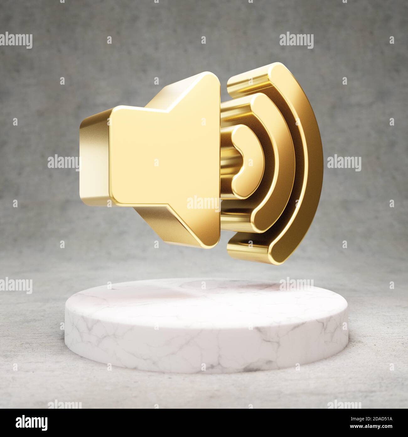 Symbol für die Lautstärke. Goldenes Hochglanz-Universitätssymbol auf weißem Marmorpodium. Modernes Icon für Website, Social Media, Präsentation, Design Template Element. 3D-Rendering. Stockfoto