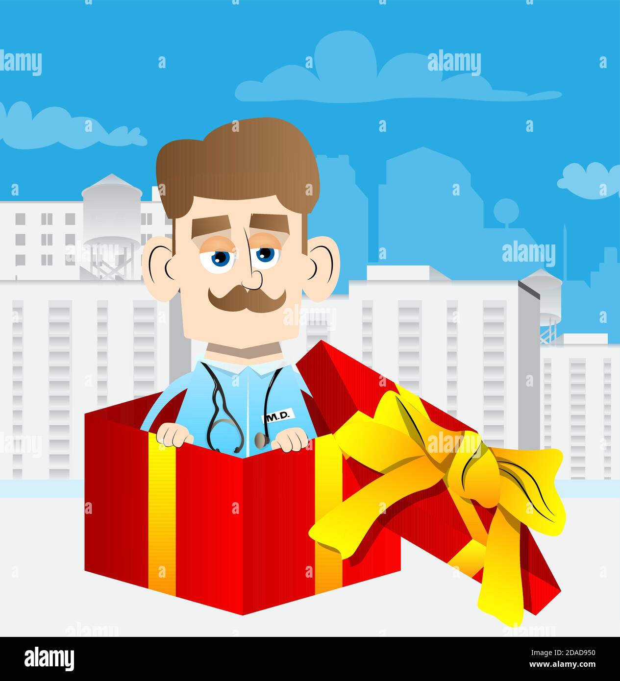 Lustige Cartoon Arzt in einer Geschenkbox. Vektorgrafik. Gesundheitsarbeiter für Weihnachten. Stock Vektor