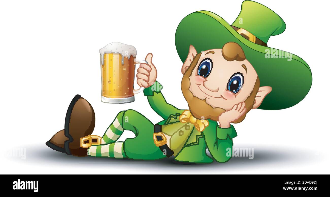 Vektor-Illustration von Cartoon Kobold hält einen Becher Bier Stock Vektor