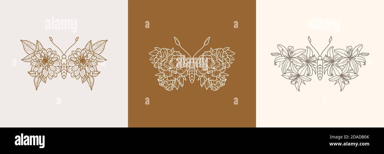 Set von Floral Butterfly Symbol in einem Linear minimalistischen trendigen Stil. Vektor Umriss Emblem der Flügel mit Blumen Stock Vektor