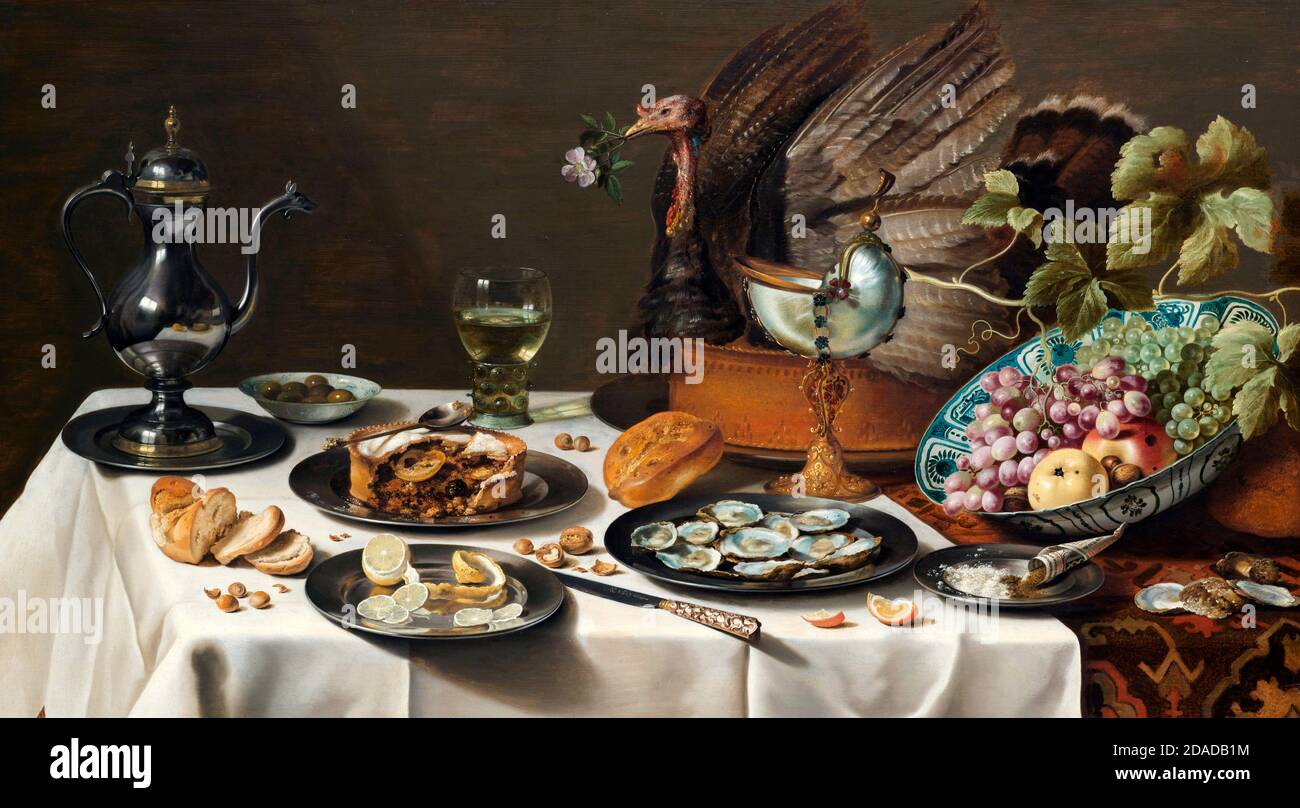 Stillleben mit einer Putenkuchen - Pieter Claesz, 1627 Stockfoto