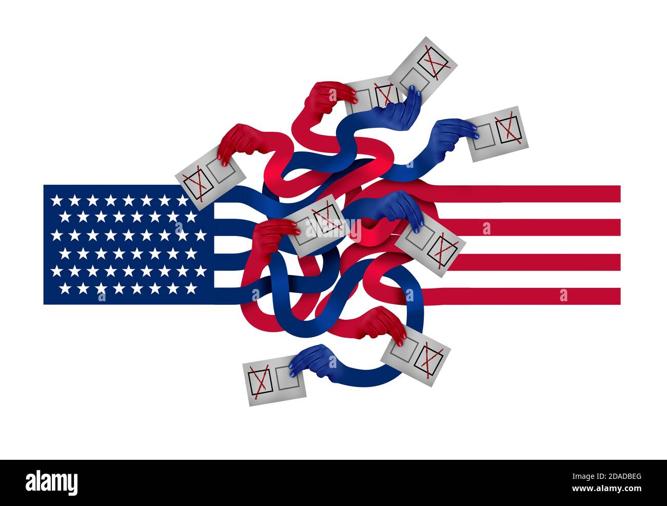 Amerikanischer Wahlkonflikt und Wahlkampf oder US-Wahlwähler und US-Unterdrückung und Kampagne, um ein demokratisches Recht zu entrechten. Stockfoto