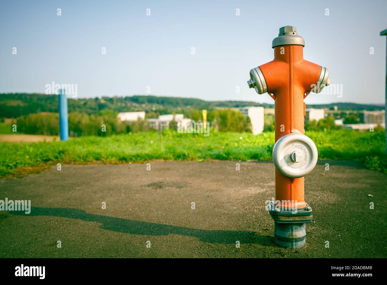 Roter Hydrant in Deutschland vor dem Hintergrund der Natur Stockfoto