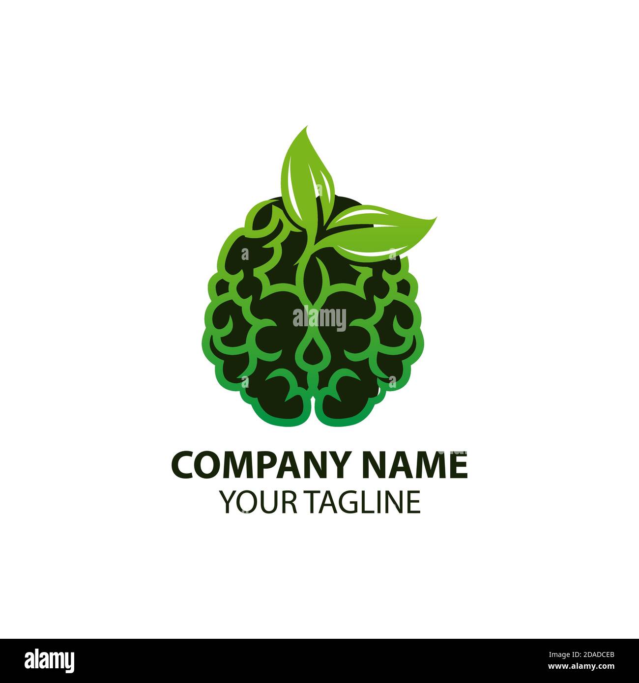 Gehirn mit grünen Blättern. Konzept für Bio, umweltfreundliche Produkte, Geschäfte oder Marken. Vorlage für Vektorlogos. Stock Vektor