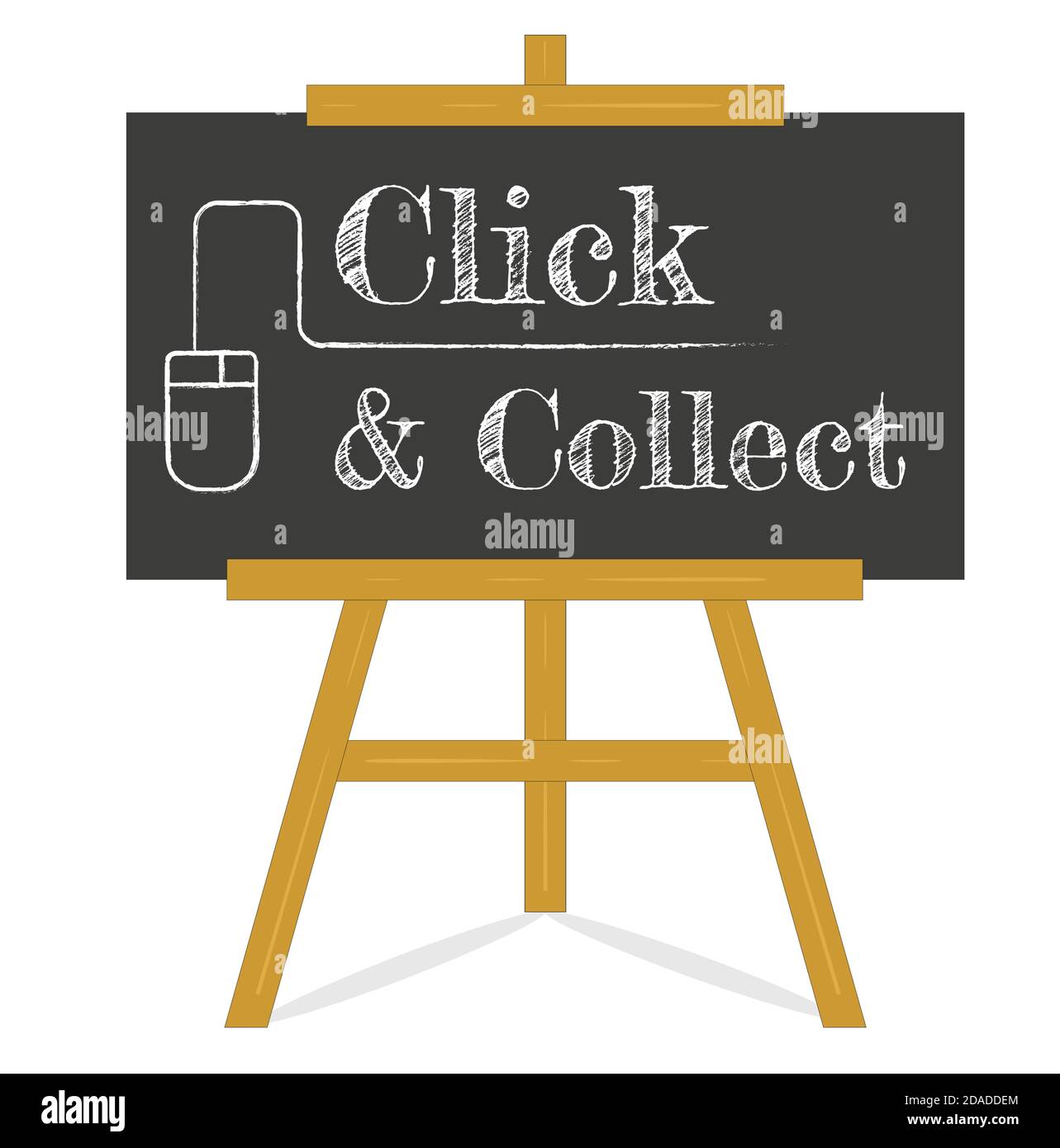 Klicken und sammeln Nachricht Tafel auf einer hölzernen Staffelei, schwarze Tafel auf einer alten hölzernen Staffelei isoliert auf weißem Hintergrund. Vektor EPS 10 Stock Vektor