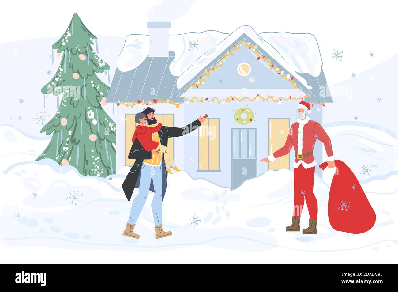 Flat Cartoon-Figuren und Weihnachtsmann frohe Feiertage Konzept Stock Vektor