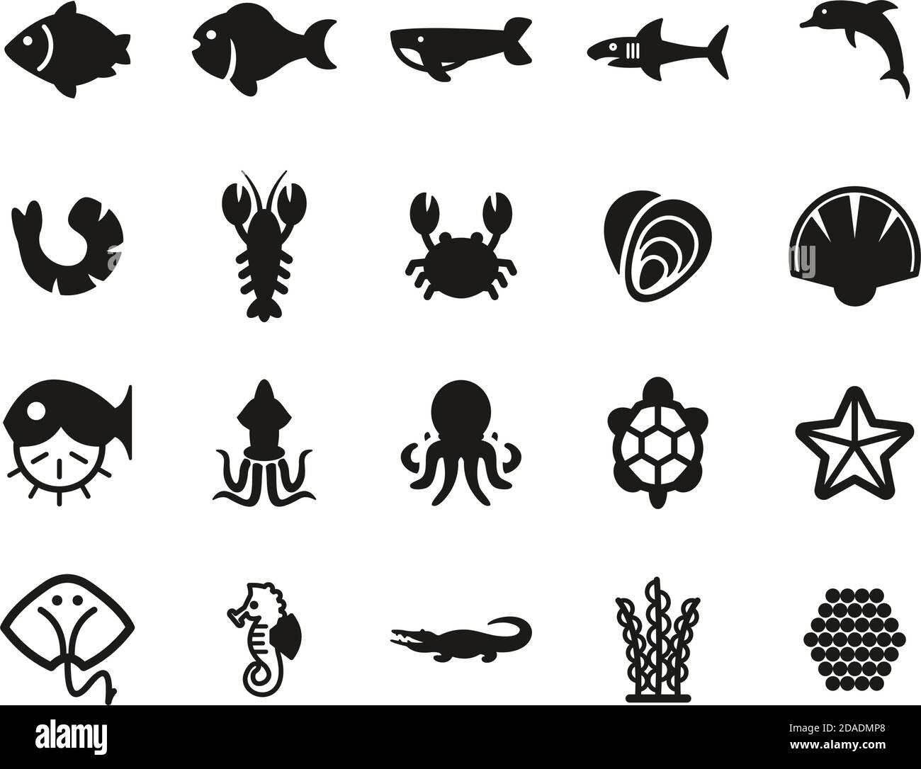 Sea Life & Seafood Icons Black & White Set Big Stock Vektor