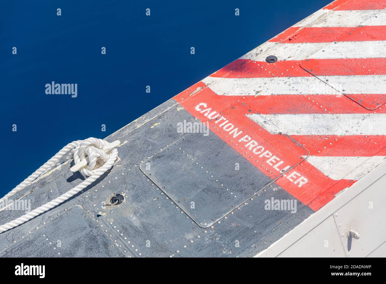 Propellergefahr oder Warnschild auf Wasserflugzeug, Flugzeug Stockfoto