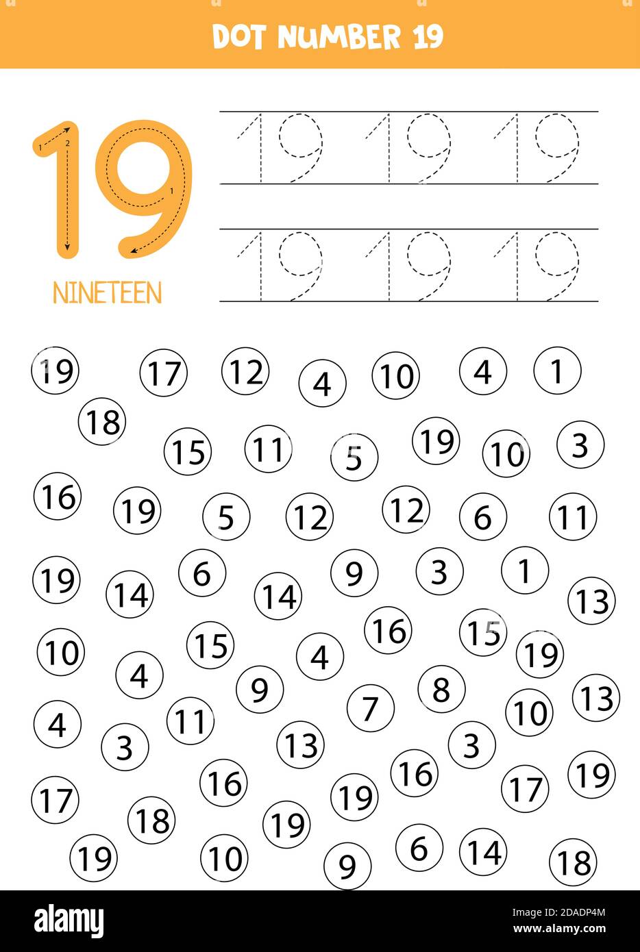 Punkt oder Farbe alle Zahlen 19. Lernspiel. Stock Vektor