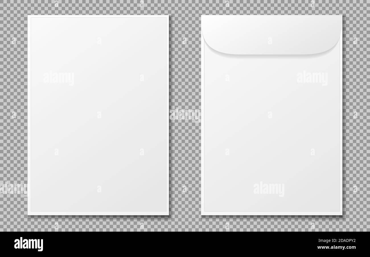 Umschlag a4. Papier weiße leere Briefumschläge für vertikale Dokumente. Vektor-Mockup auf transparentem Hintergrund isoliert. Briefumschlag Büro Mockup, Papier Stock Vektor
