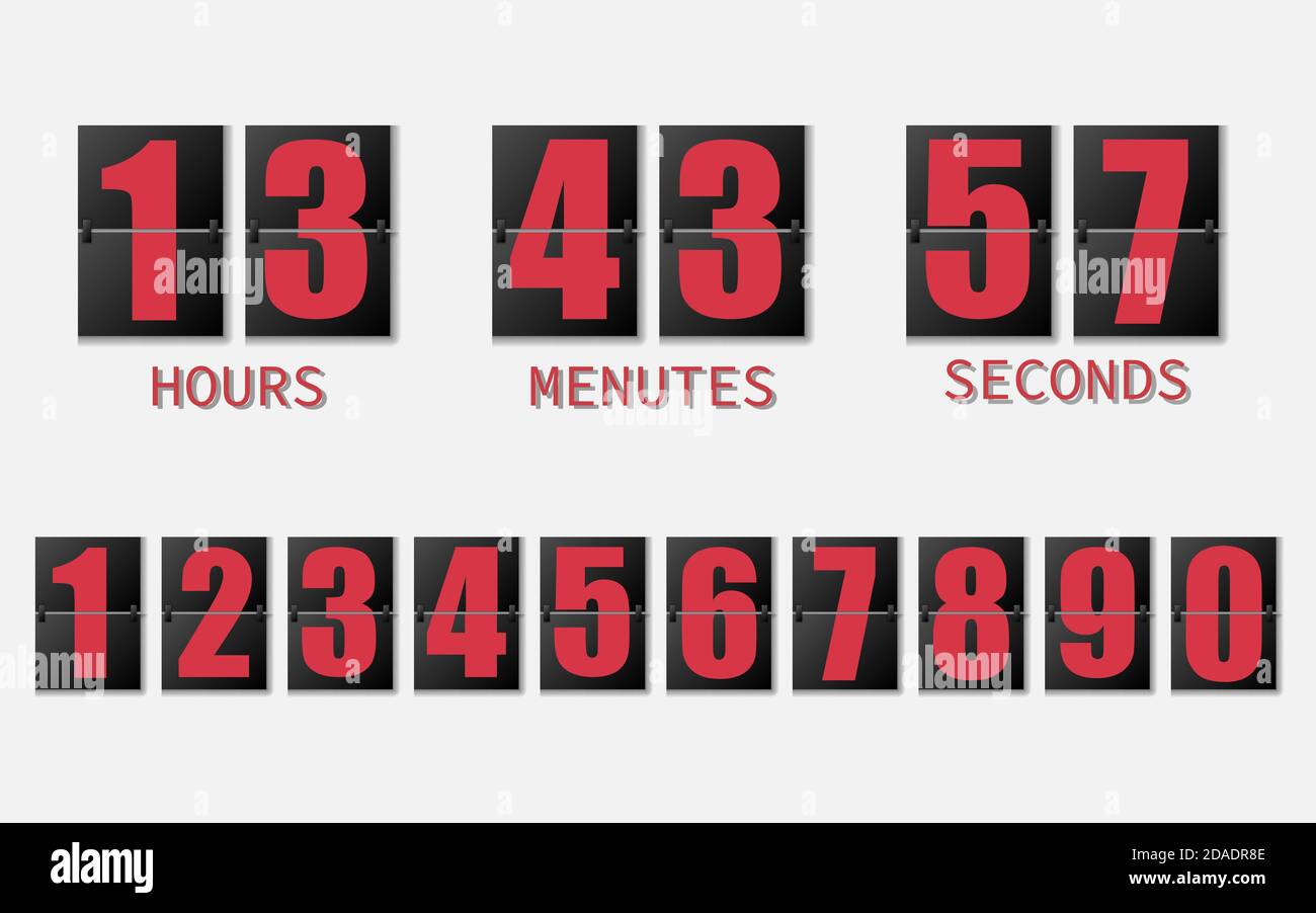 Flip-Uhr zeigt an, wie viel Zeit Stunden, Minuten und Sekunden. Flipboard mit roten Zahlen im Retro-Stil auf weißem Hintergrund. Vektordesign-Element Stock Vektor