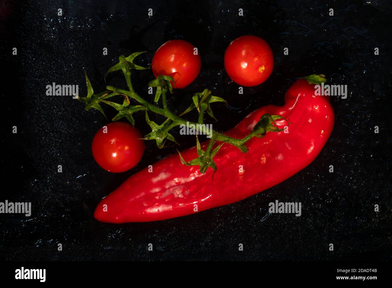 Rote Paprika und Rebe von Tomaten auf dem schwarzen Eis. Stockfoto