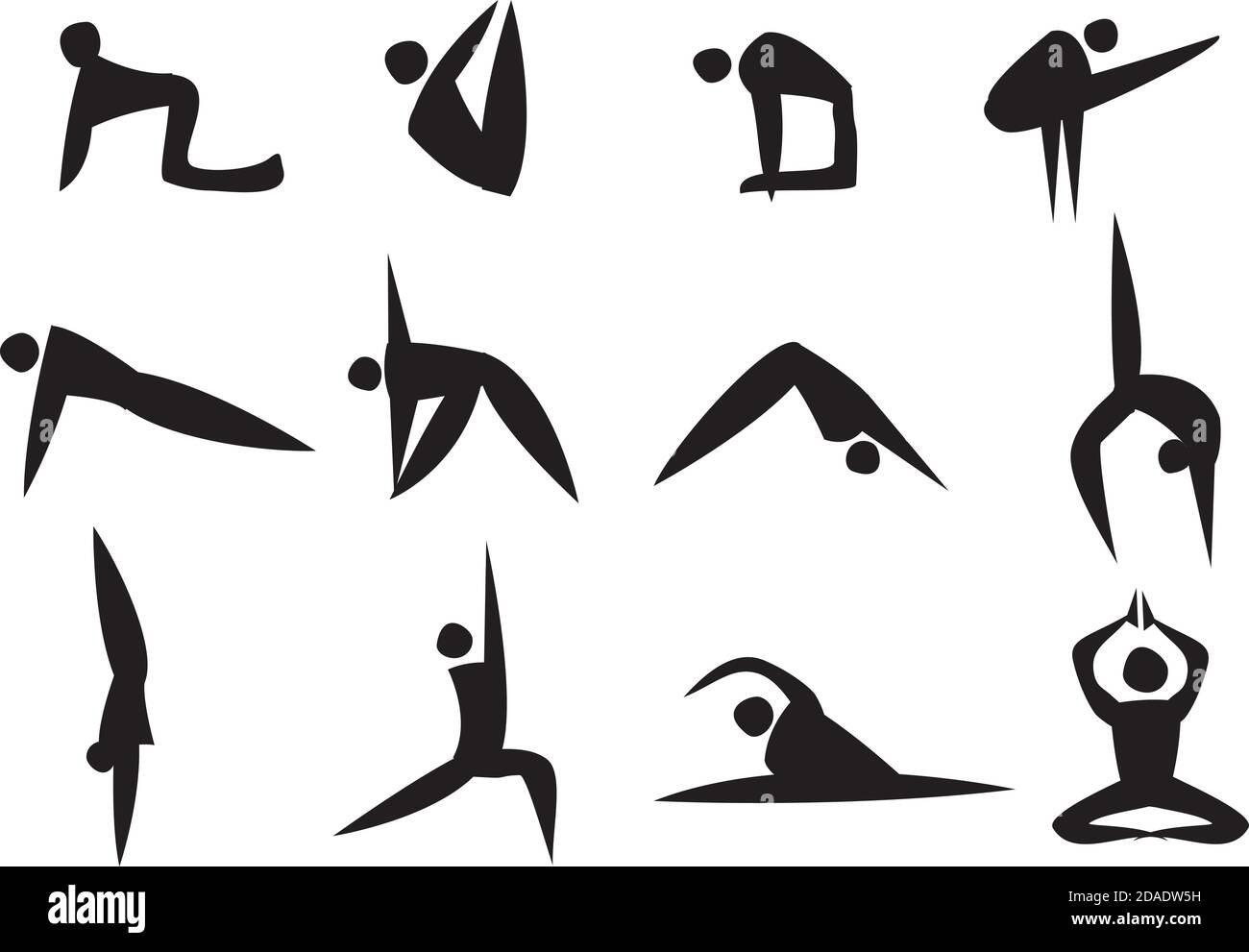 Vektor-Illustration der schwarzen Ikone Mann tun verschiedene Yoga-Position Stock Vektor