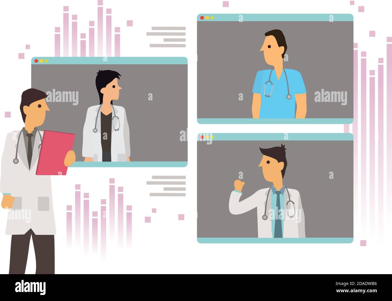 Videokonferenz mit Kollegen verschiedener Ärzte. Online-Beratung Diskussion mit Hausarzt oder Ärzte, medizinisches Personal in Webcam-Konferenz mit Stock Vektor