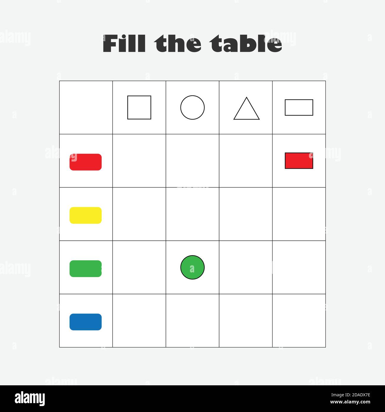 Füllen Sie die Tabelle mit bunten geometrischen Formen für Kinder, Spaß Bildung Spiel für Kinder, Vorschule Arbeitsblatt Aktivität, Aufgabe für die Entwicklung von Stock Vektor