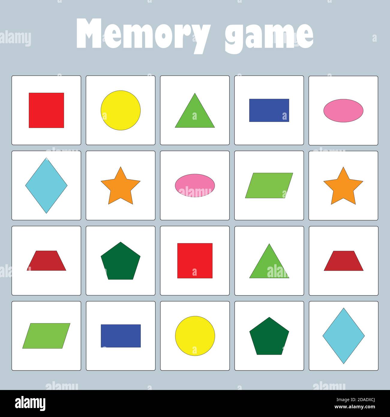 Memory-Spiel mit Bildern geometrische Formen für Kinder, Spaß Bildung Spiel für Kinder, Vorschulaktivität, Aufgabe für die Entwicklung des logischen Denkens Stock Vektor