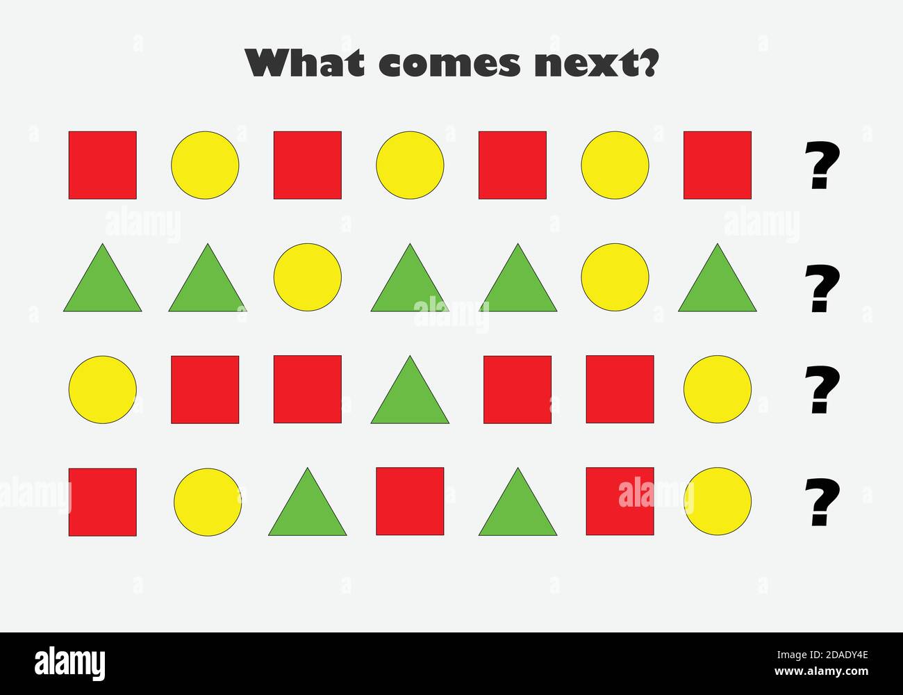 Was kommt als nächstes mit verschiedenen bunten geometrischen Formen für Kinder, Spaß Bildung Spiel für Kinder, Vorschule Arbeitsblatt Aktivität, Aufgabe für die Stock Vektor