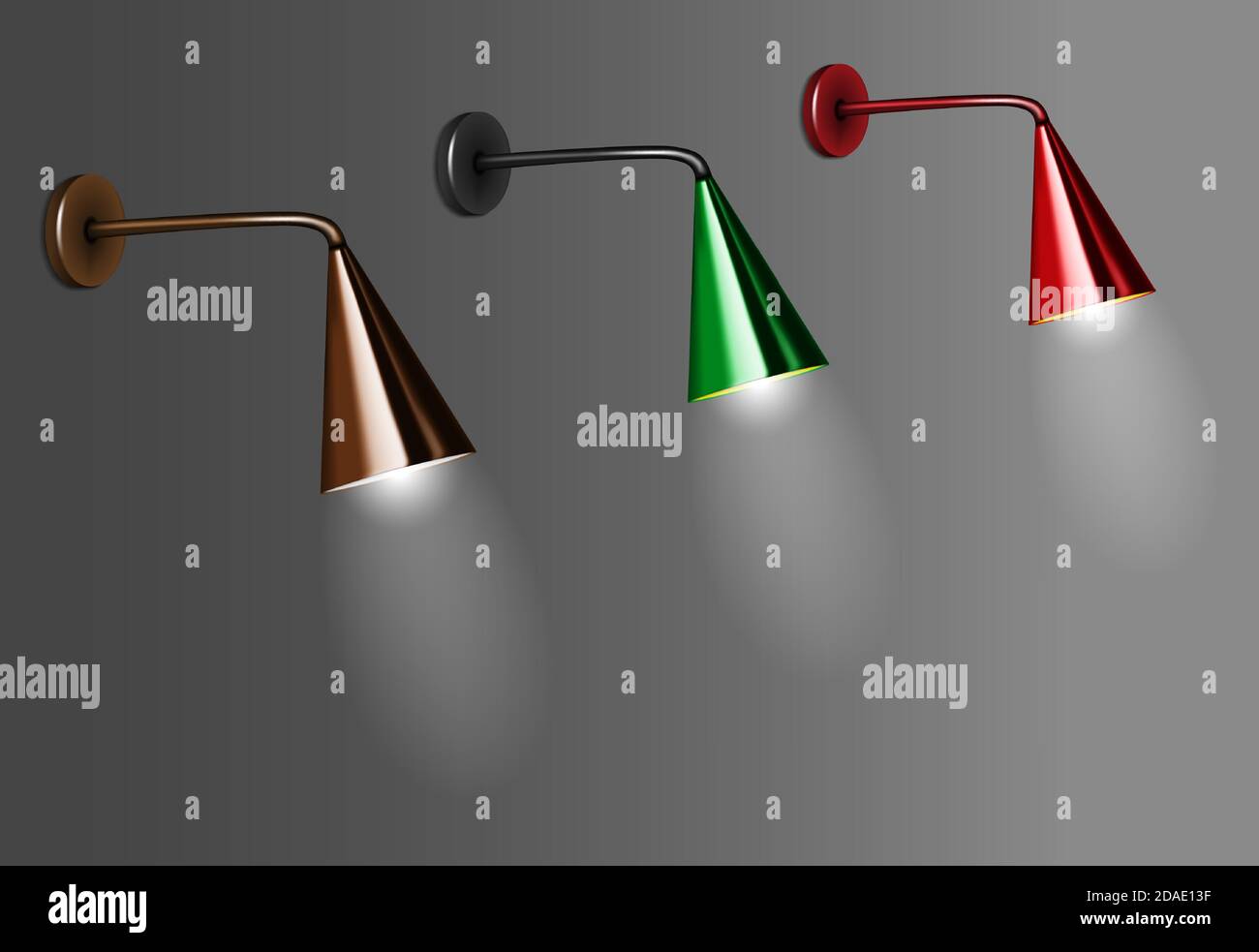 Wandlampen mit farbigen konischen Lampenschirmen, Vektorgrafik. Moderne Innenraumbeleuchtung mit einleuchtendem Licht Stock Vektor