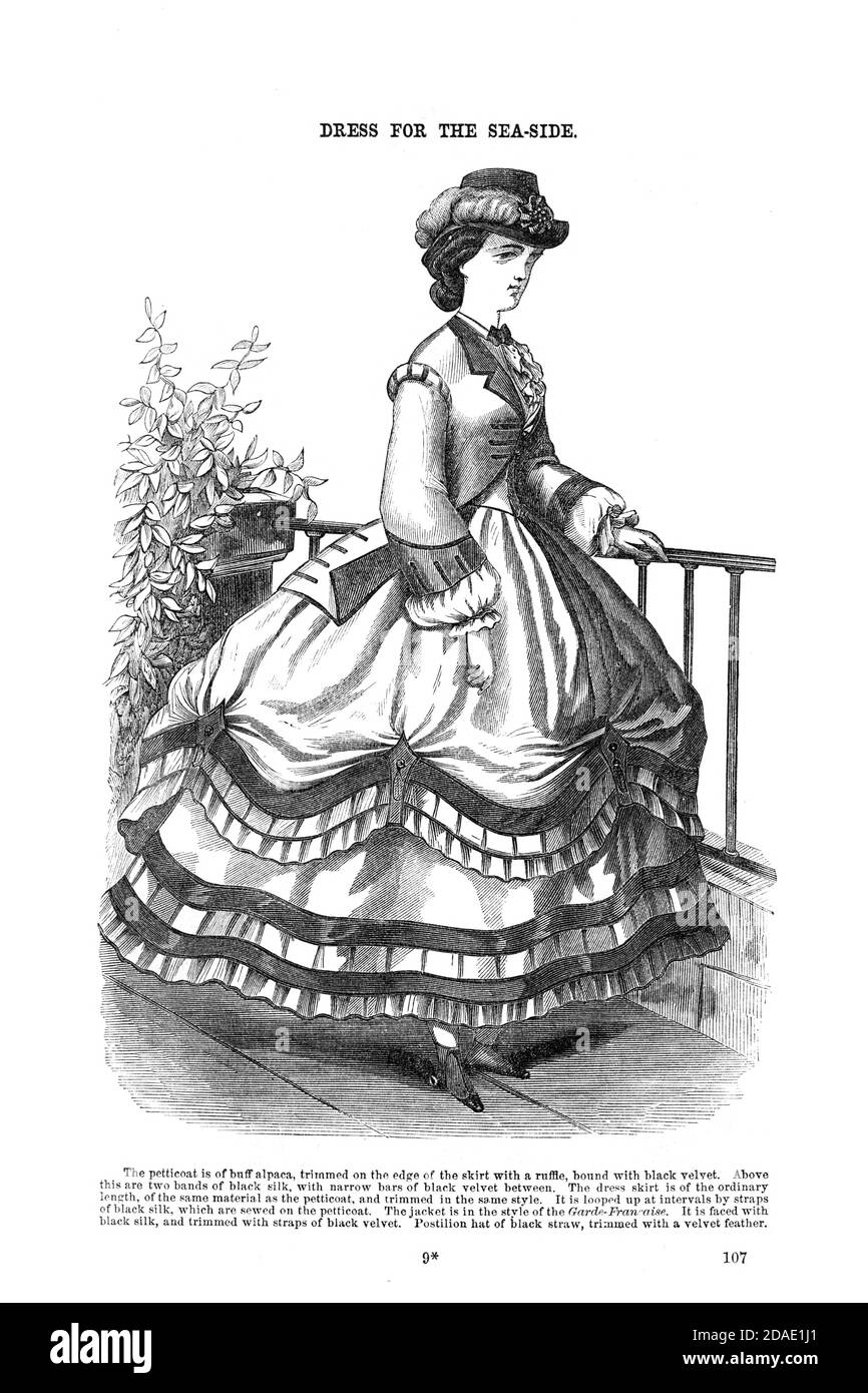 Dress for the Seaside Godeys Lady's Book and Magazine, August, 1864, Band LXIX, (Band 69), Philadelphia, Louis A. Godey, Sarah Josepha Hale, Stockfoto