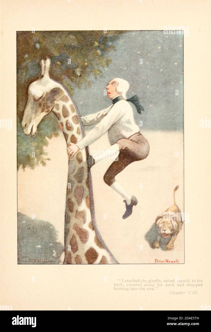 Klettern auf einer Giraffe aus dem Buch Herr Münchhausen; wobei eine wahre Darstellung von einigen der jüngsten Abenteuer jenseits der Styx des verstorbenen Hieronymus Carl Friedrich, irgendwann Baron Münchhausen von Bodenwerder, Wie ursprünglich für die Sonntagsausgabe der Gehenna Gazette von seinem speziellen Interviewer berichtet der verstorbene Herr Ananias früher von Jerusalem und jetzt zum ersten Mal aus den Spalten dieser Zeitschrift transkribiert. Von Bangs, John Kendrick, (1862-1922) Veröffentlicht in Boston von Noyes, Platt & Company 1901 mit Werken von Peter Newell Stockfoto