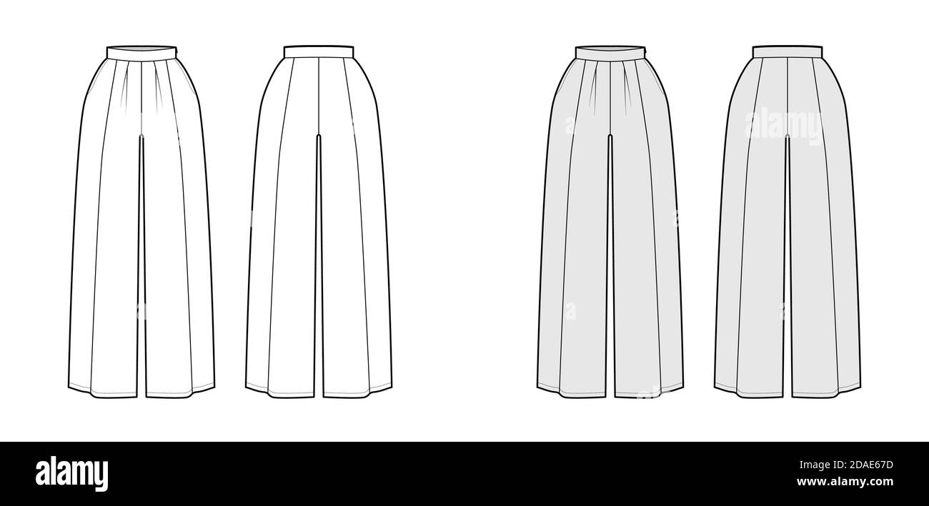 Hose Rock culotte gaucho technische Mode Illustration mit bodenlange,  übergroße Silhouette, seitlichen Reißverschluss. Flacher Boden Schablone  vorne, hinten, weiß grau Farbe Stil. Frauen, Männer, Unisex CAD Mockup  Stock-Vektorgrafik - Alamy