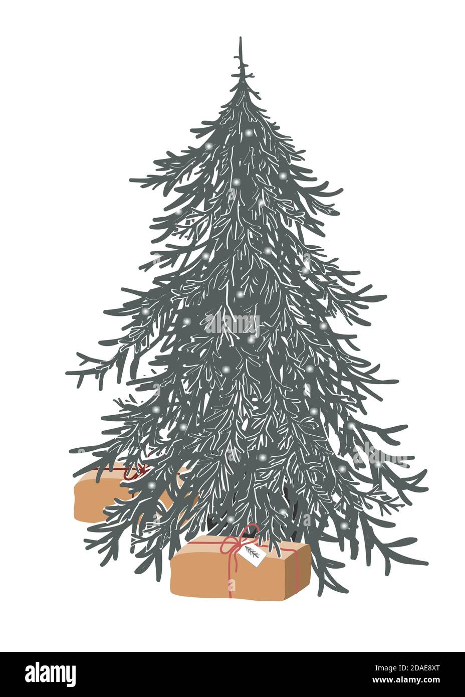 Hand gezeichnet Frohe Weihnachtsbaum mit Lichtern geschmückt. Urlaubssymbol. Cartoon Skizze Element, bunte Weihnachtsbaum isoliert auf weißem Hintergrund. Vektor Stock Vektor