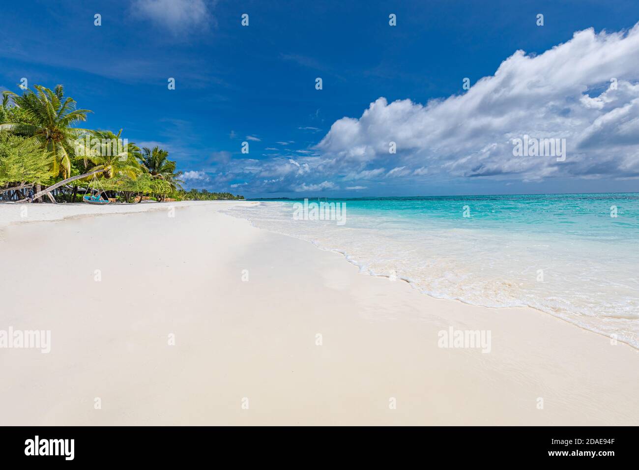 Wunderschöne Strandpalmen und launischer Himmel. Sommerurlaub Reise Urlaub Hintergrund Konzept. Malediven paradiesischer Strand. Luxusreisen Sommerurlaub Stockfoto