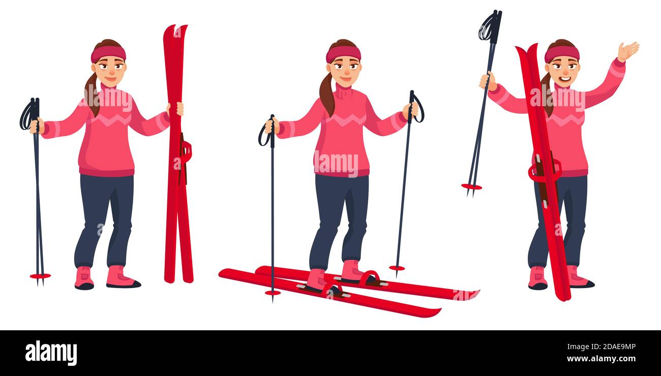 Skifahrerin in verschiedenen Posen. Schöne Figur im Cartoon-Stil. Stock Vektor