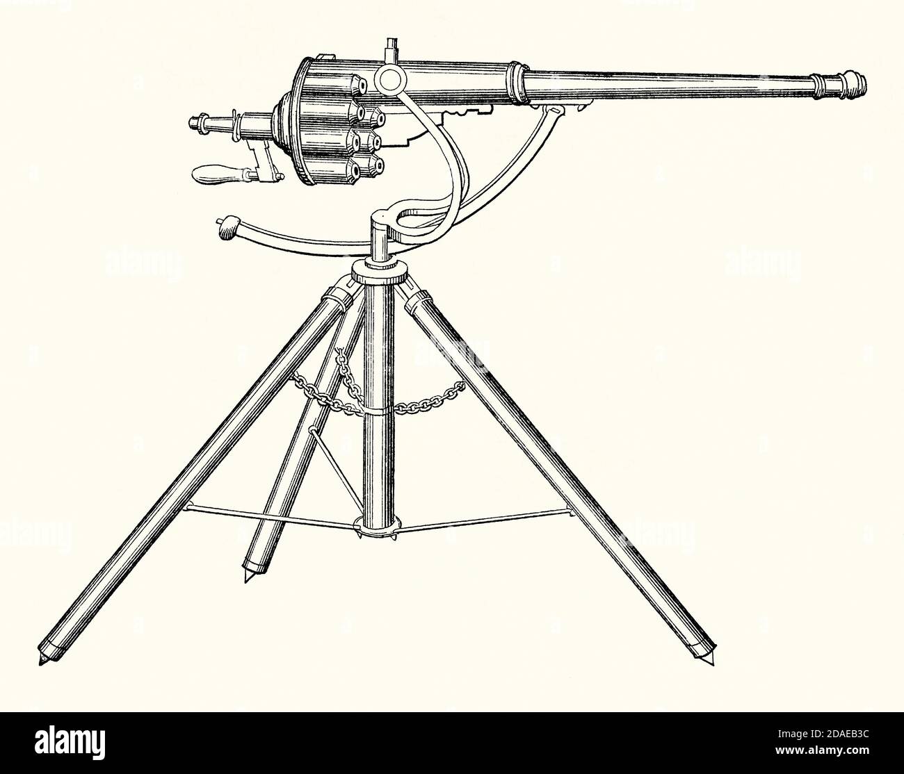 Eine alte Gravur einer Puckle Pistole, die 1718 patentiert wurde. Es ist aus einem viktorianischen Maschinenbaubuch der 1880er Jahre. Die Puckle-Waffe (auch bekannt als die Verteidigung Waffe) war ein primitiver Flintlock-Revolver von James Puckle (1667–1724) erfunden. ‘mwar eine der ersten Waffen, die als „Maschine“ bezeichnet wurde. Es wurde nie in irgendeiner Menge hergestellt oder während des Kampfes verwendet. Es handelt sich um eine auf einem Stativ montierte, einarbige Flintlock-Waffe, die mit einem manuell betätigten Drehzylinder ausgestattet ist. Puckle bewarb seine Hauptanwendung als Anti-Boarding-Kanone für Schiffe. Stockfoto