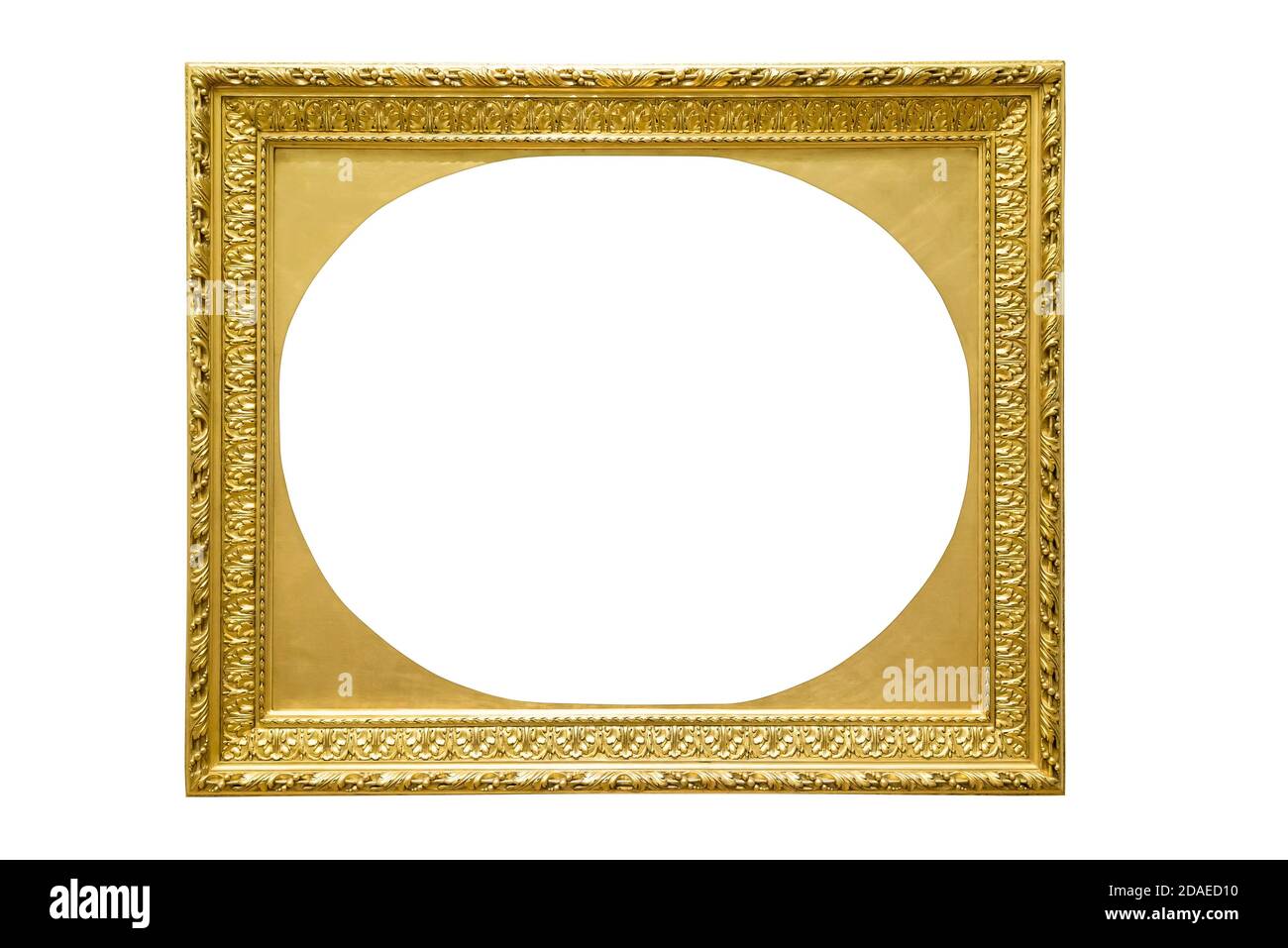 Rechteck dekorative goldene Bilderrahmen mit ovalem Innenraum isoliert auf Weißer Hintergrund mit Beschneidungspfad Stockfoto